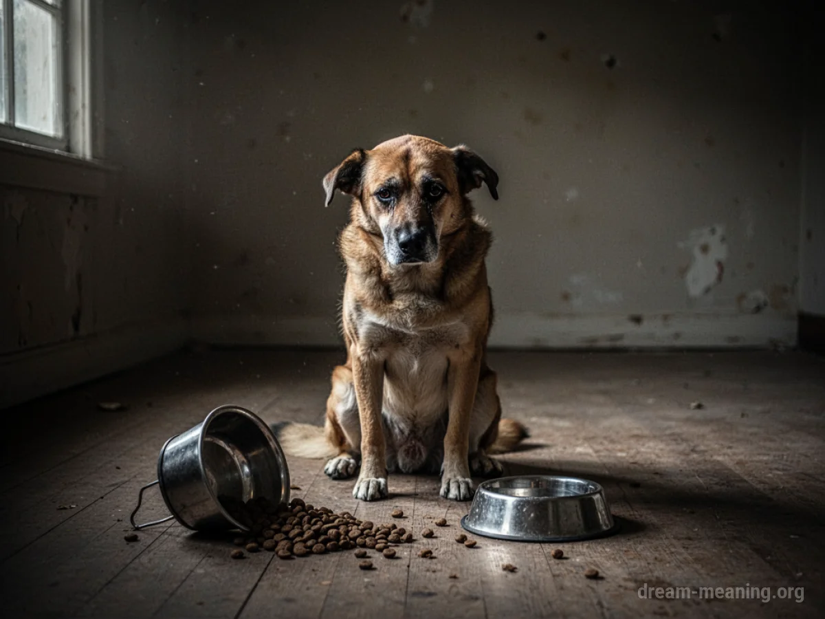 A lonely dog sits in a dark, empty room near overturned food and water bowls.