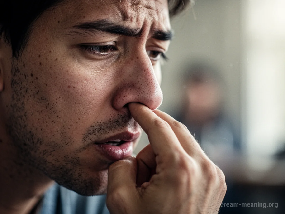 A hand with a finger entering a nose.