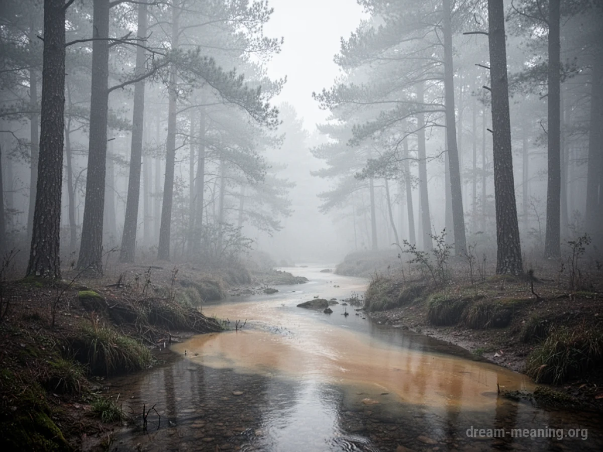 A hazy, gray smog obscures a forest with discolored water in a stream.