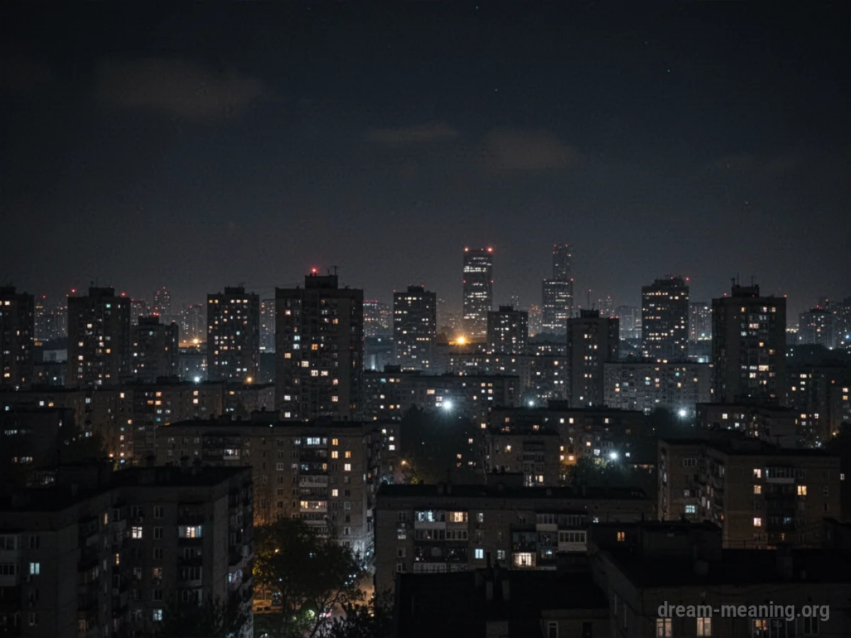 A dark city skyline at night with minimal lights.