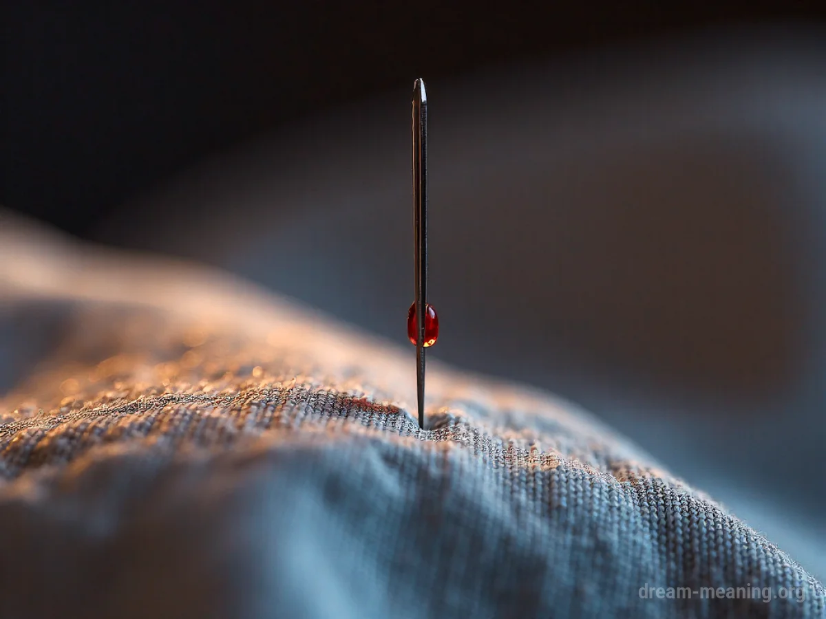 A sewing needle with a single drop hanging from its point.