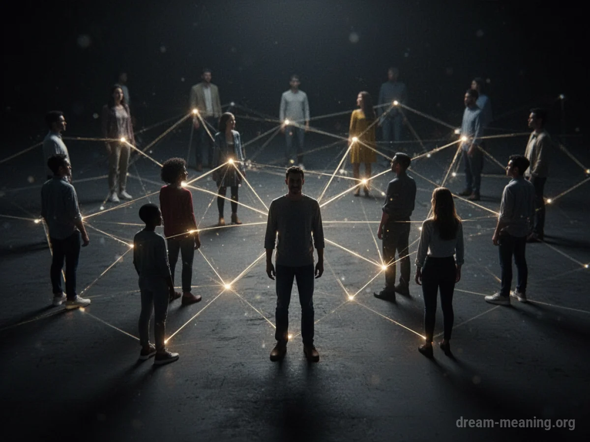 Abstract network of interconnected glowing lines and silhouettes of people.