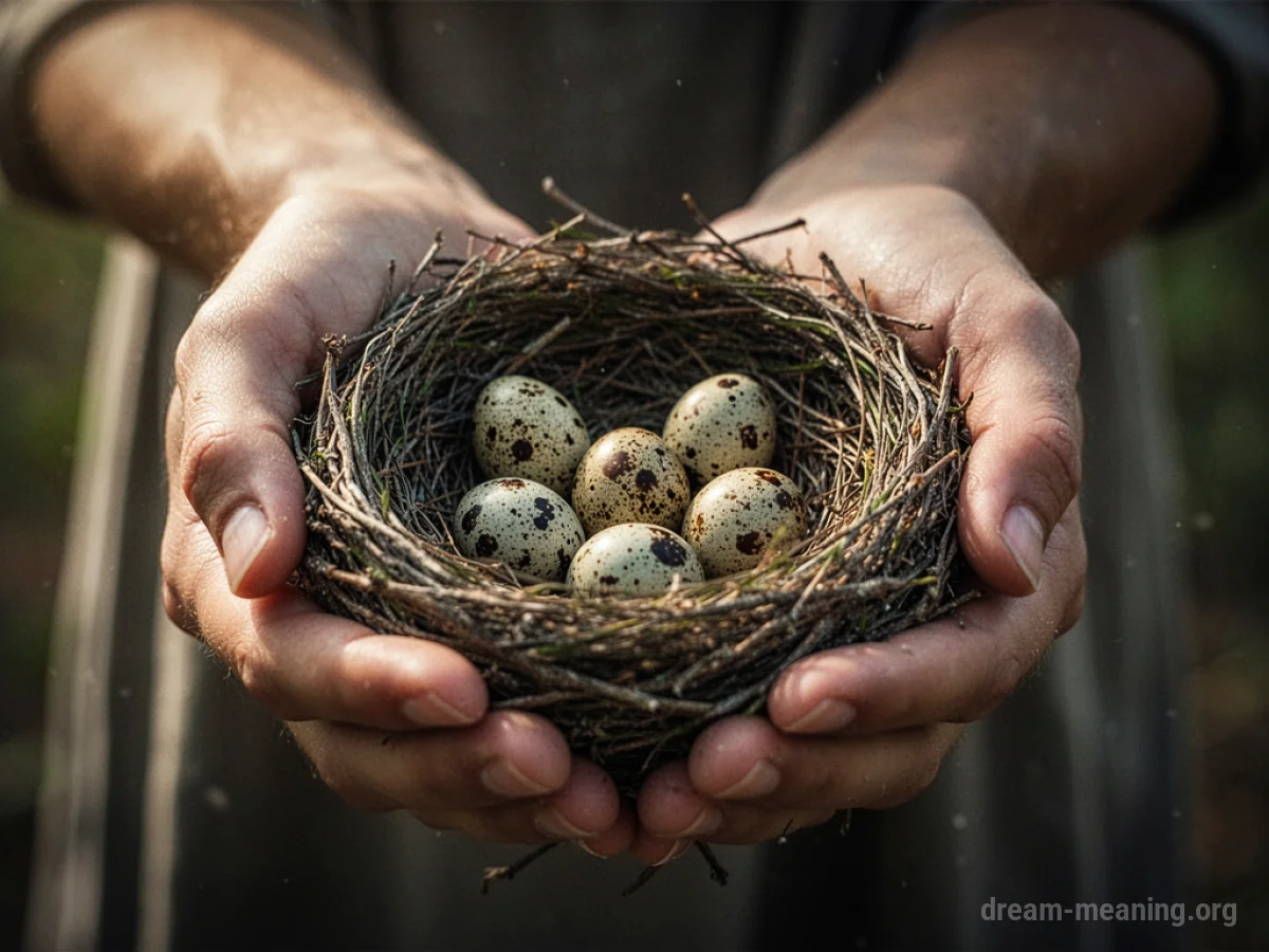 Hands holding a bird's nest with eggs.
