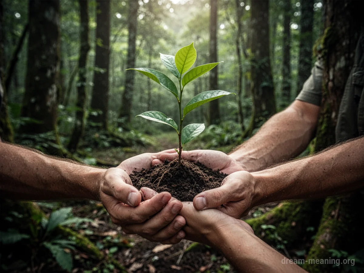 Hands holding a young plant in a forest.
