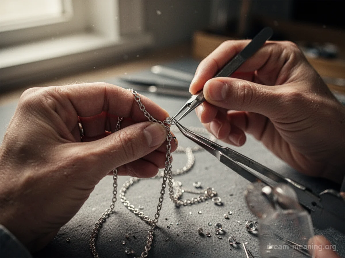 Hands holding a broken necklace and tools to fix it.