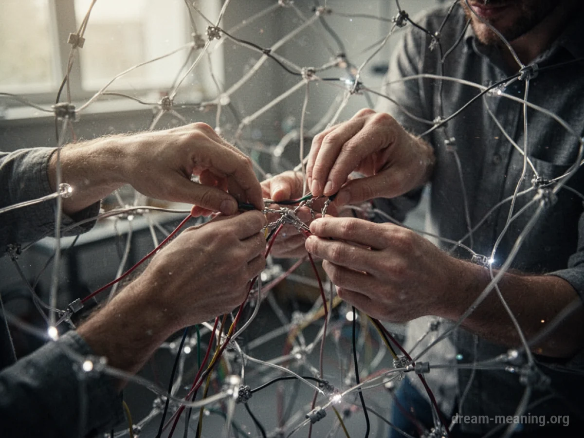 Hands connecting wires on a glowing network structure.