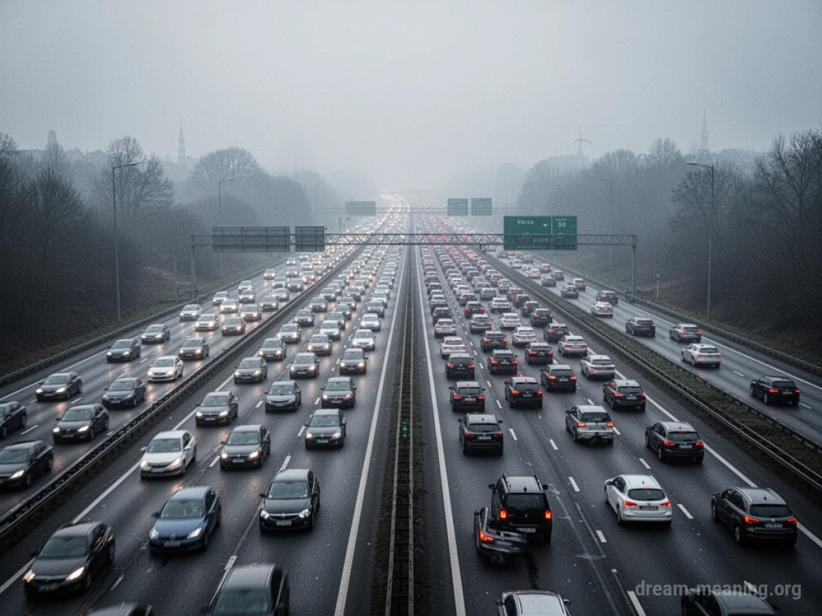 A traffic jam on a highway with many cars stopped.