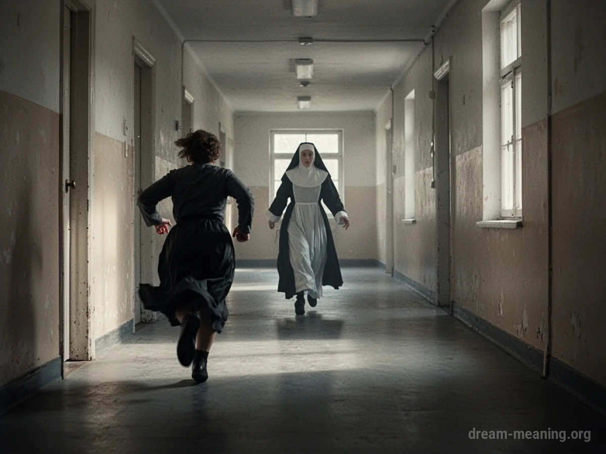 A person running away down a corridor from a distant nun figure.