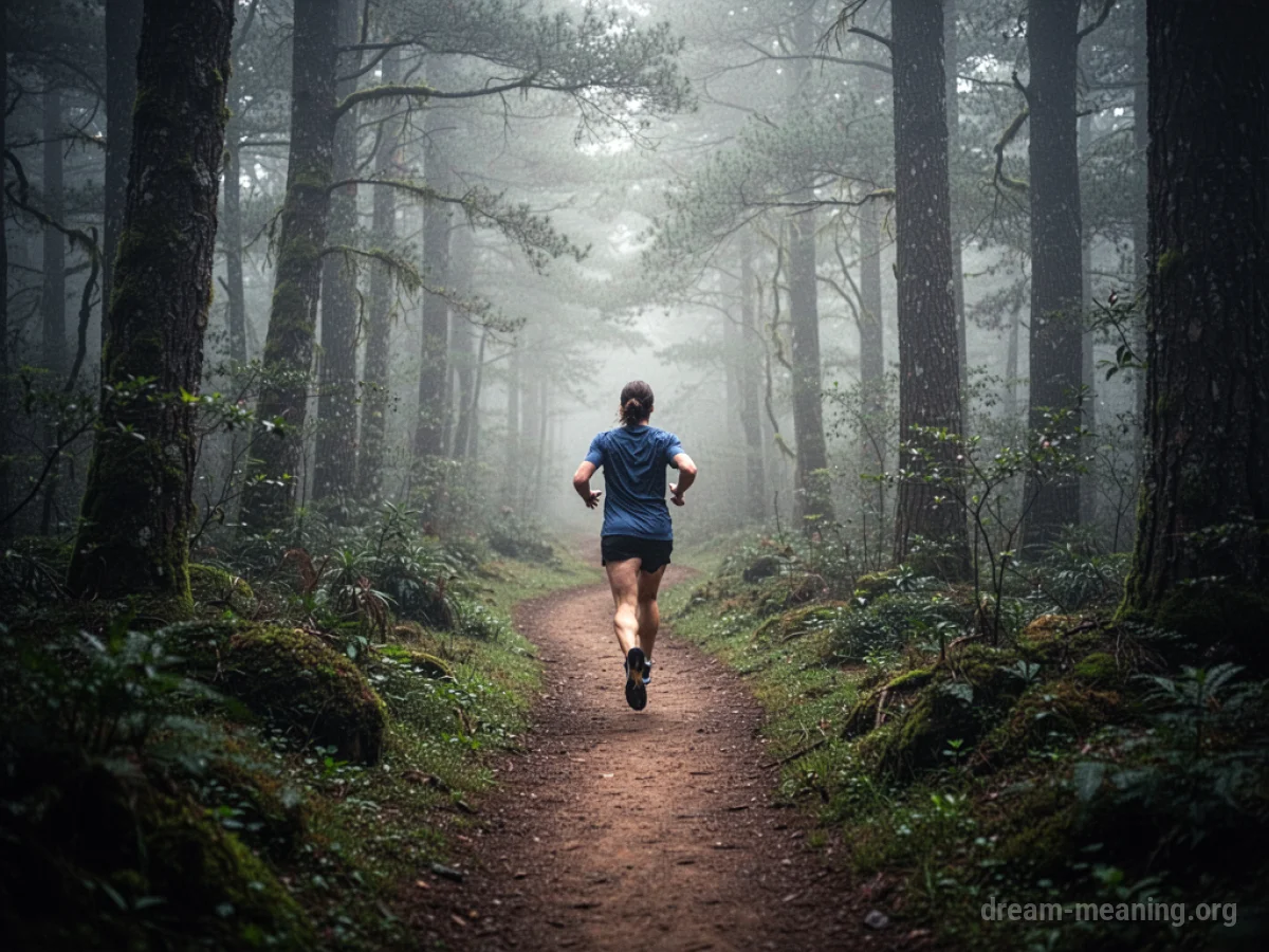 A person running on a thin path surrounded by trees.
