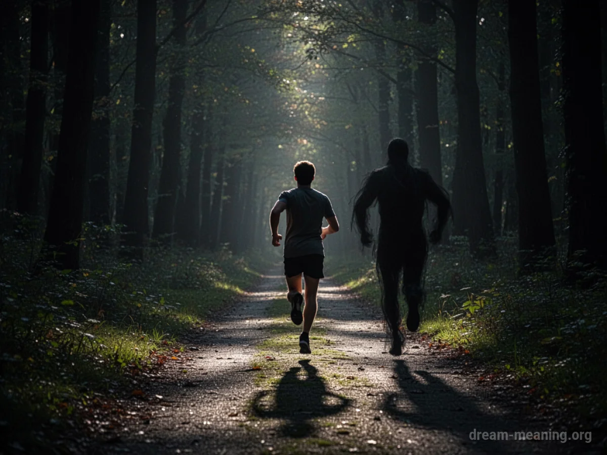 Silhouette of a person running away from a shadowy figure on a path.