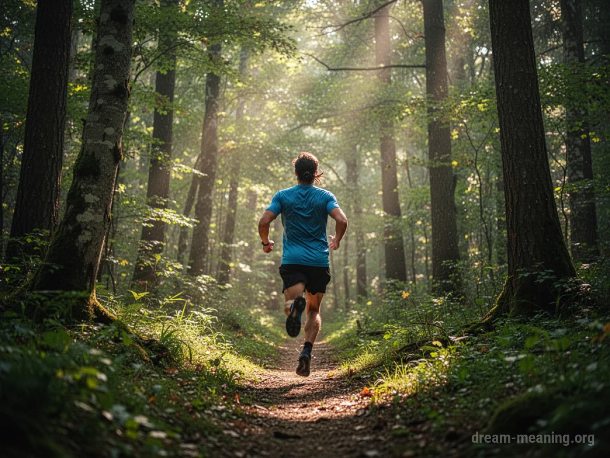 A person's silhouette running through a sunlit forest.