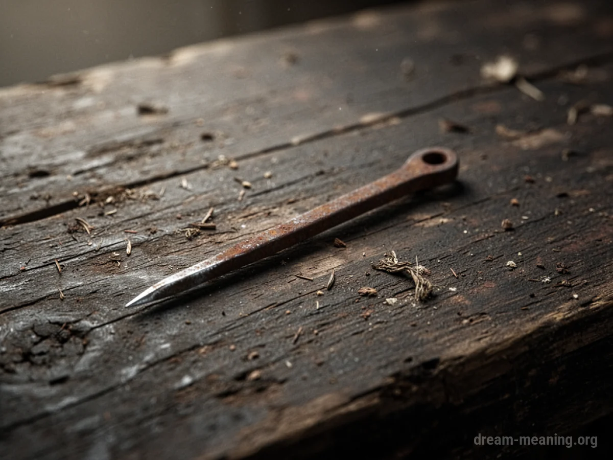 A close-up view of a rusty sewing needle on a wooden surface.