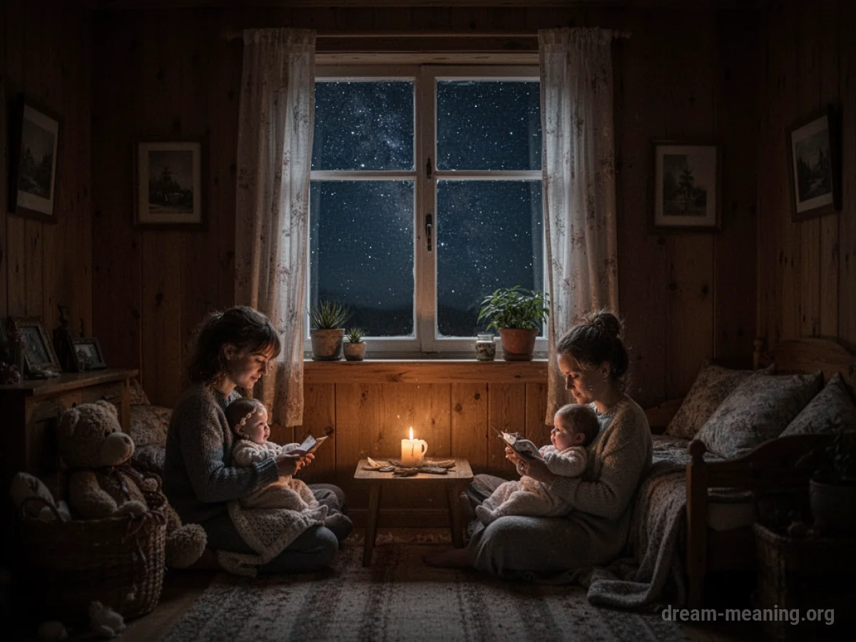 A cozy room interior viewed from a dark exterior.
