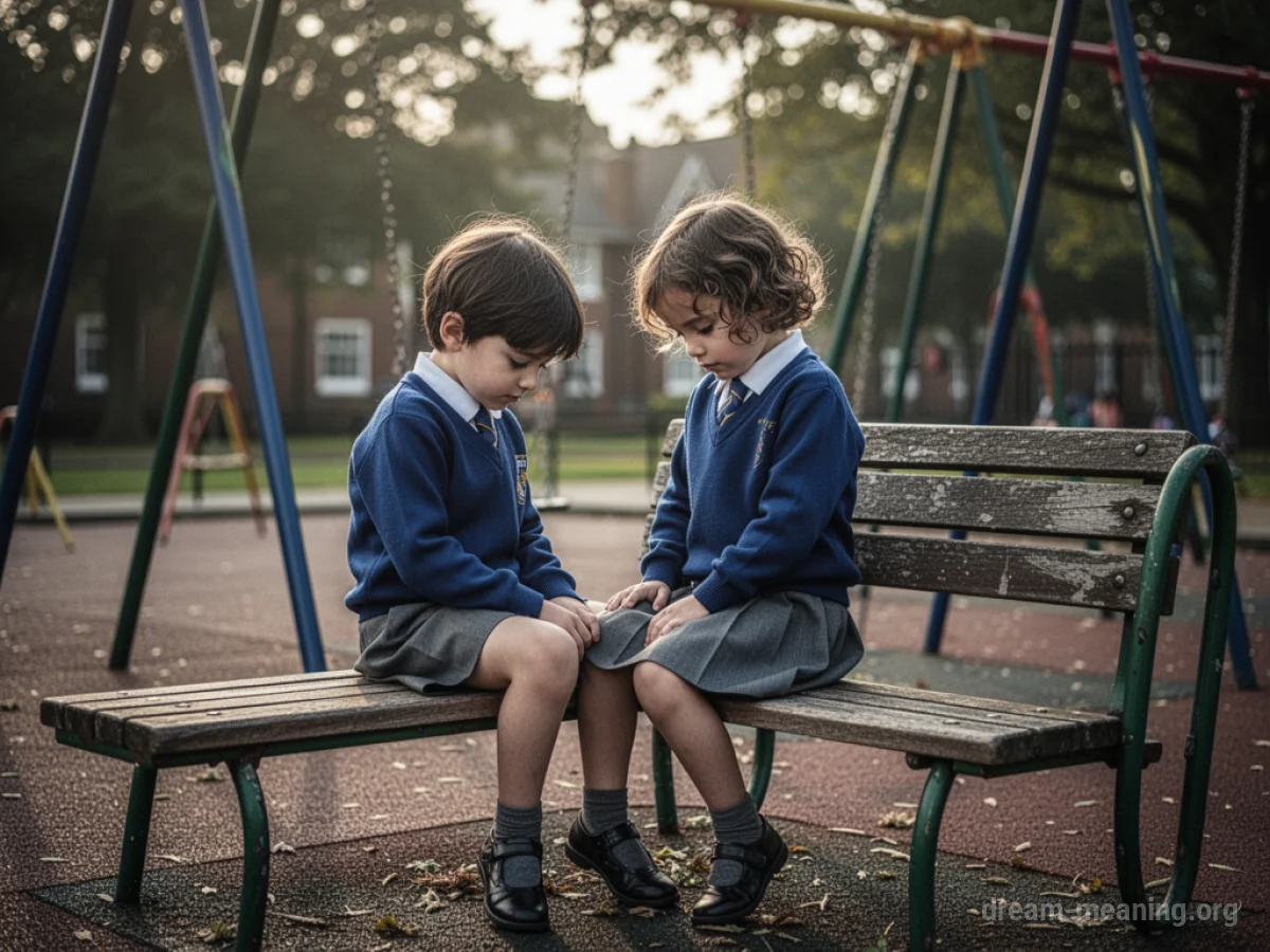 A child in a school uniform sitting alone on a bench.