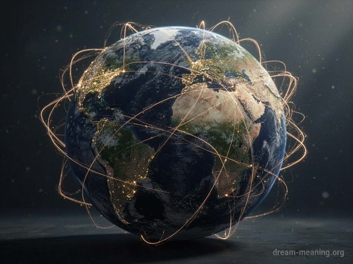 A glowing network of lines connecting points on a dark sphere.