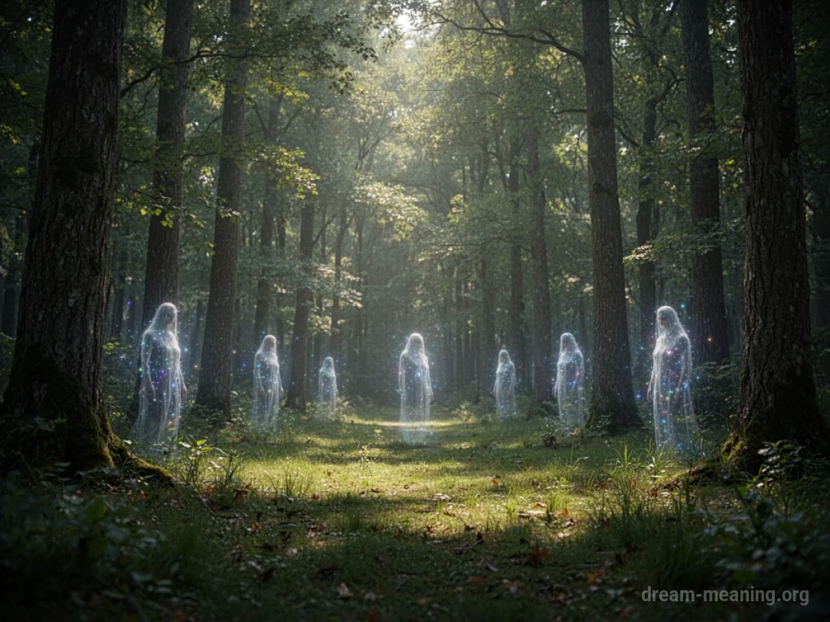 Faint, glowing figures partially visible amongst trees in a forest clearing.