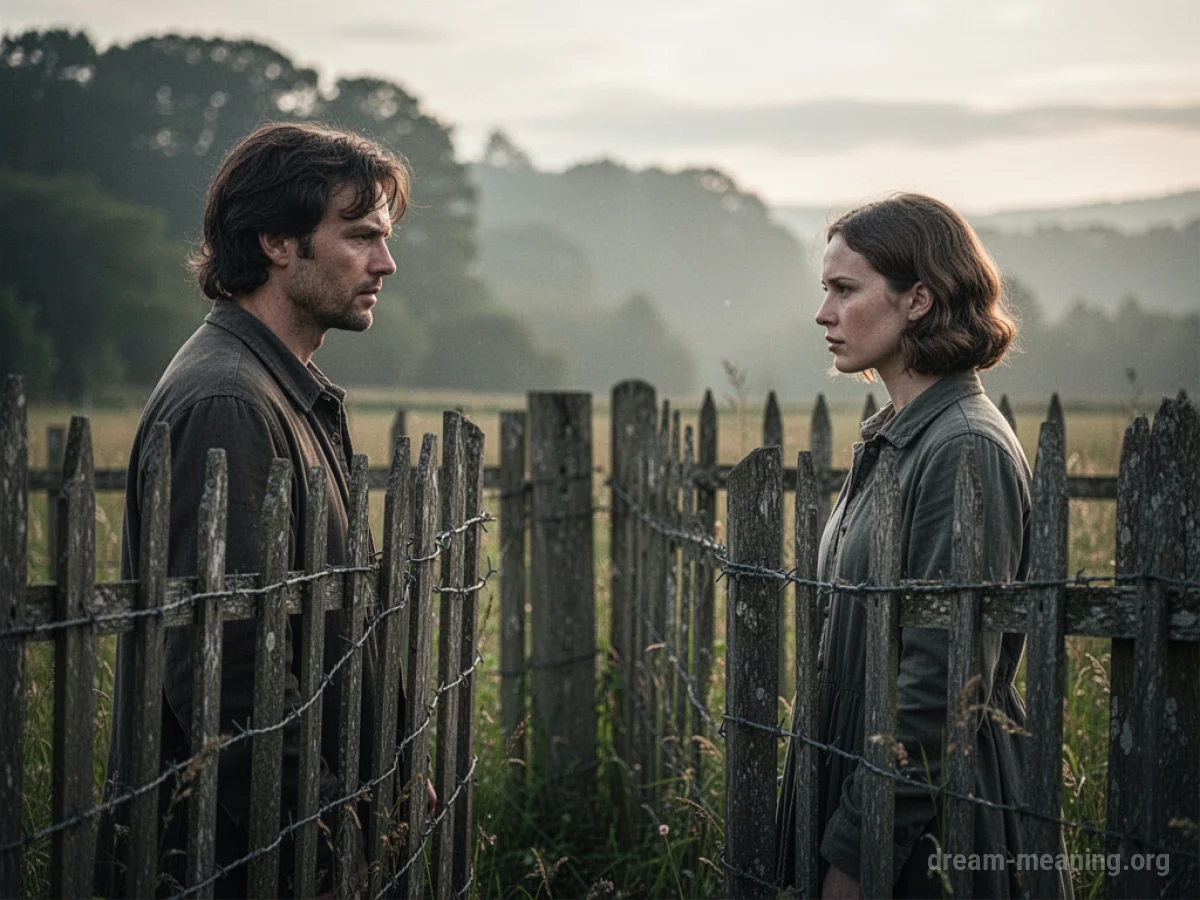 Two people separated by a fence.