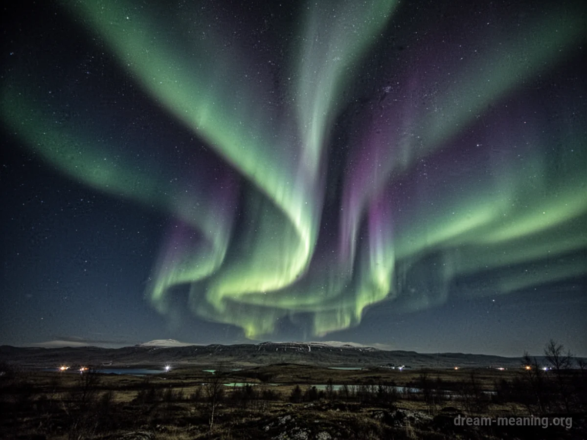 Vibrant aurora borealis lights in a dark night sky above a silhouetted landscape.