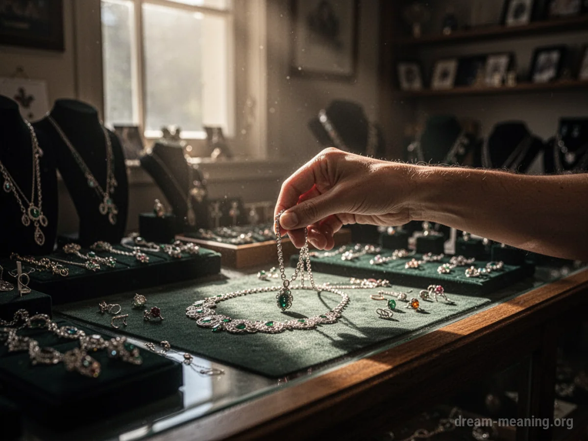A hand offers a necklace across a wooden counter.