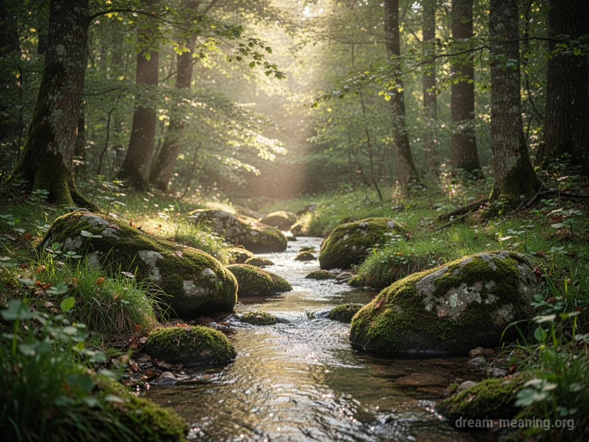 A tranquil forest scene with a clear stream and sunlight.
