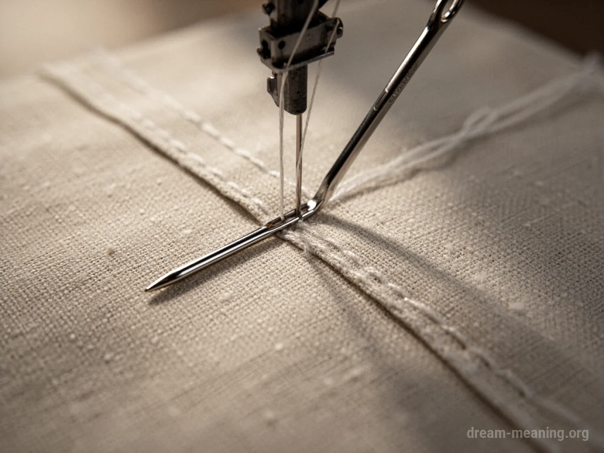 A sewing needle and thread creating a seam on fabric.