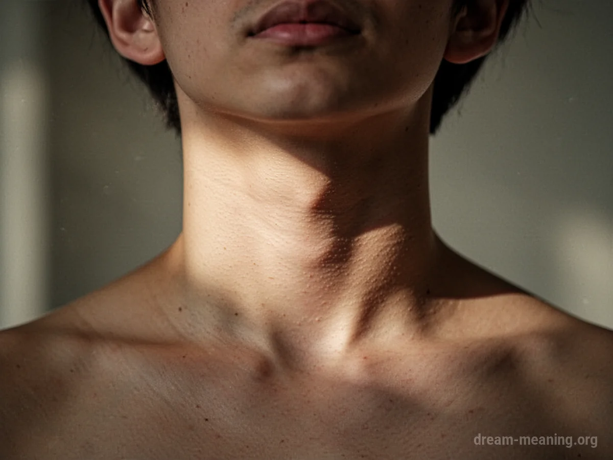 A person's neck appearing unusually short.