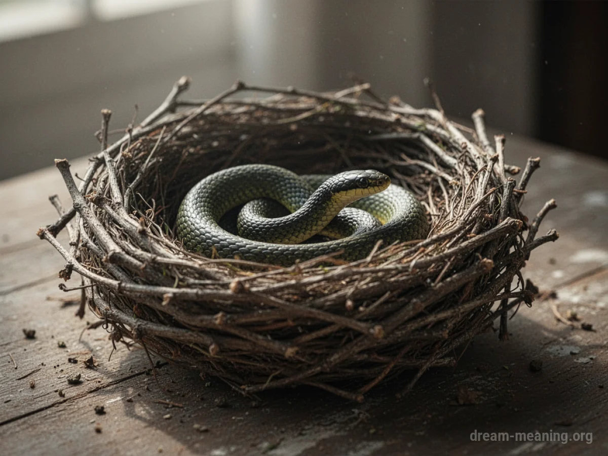 A coiled snake resting inside a bird's nest.