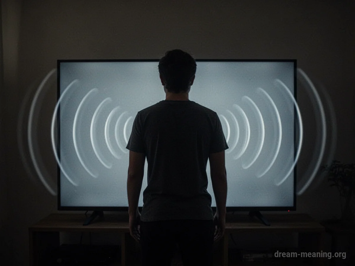 Silhouette of a person behind a television screen with sound waves.