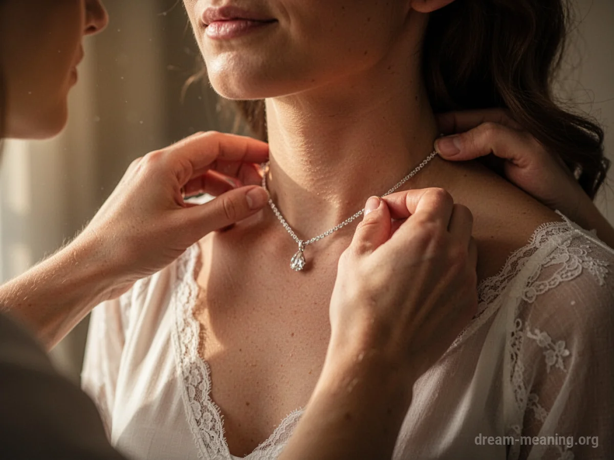 Hands placing a necklace on another person's neck.