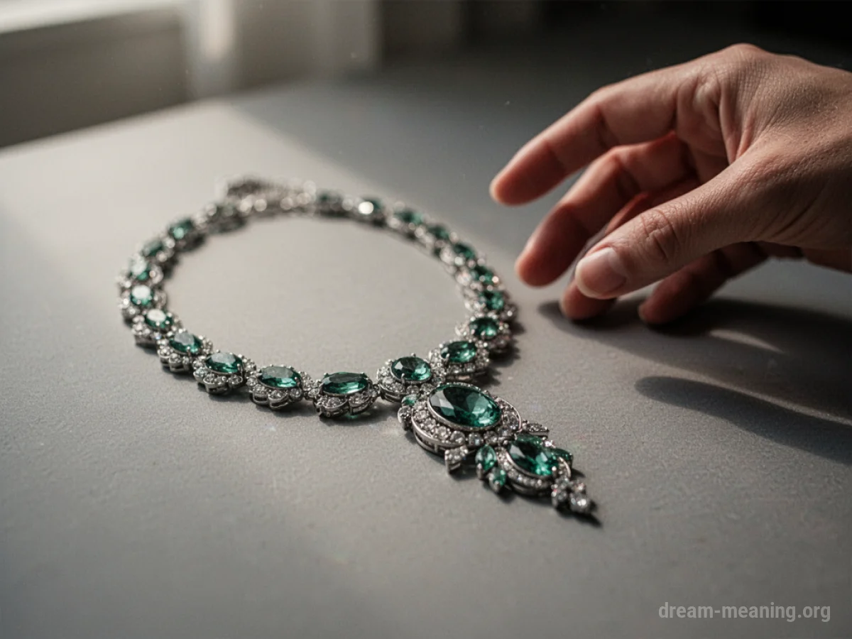 A hand reaching for a necklace that is not being worn.