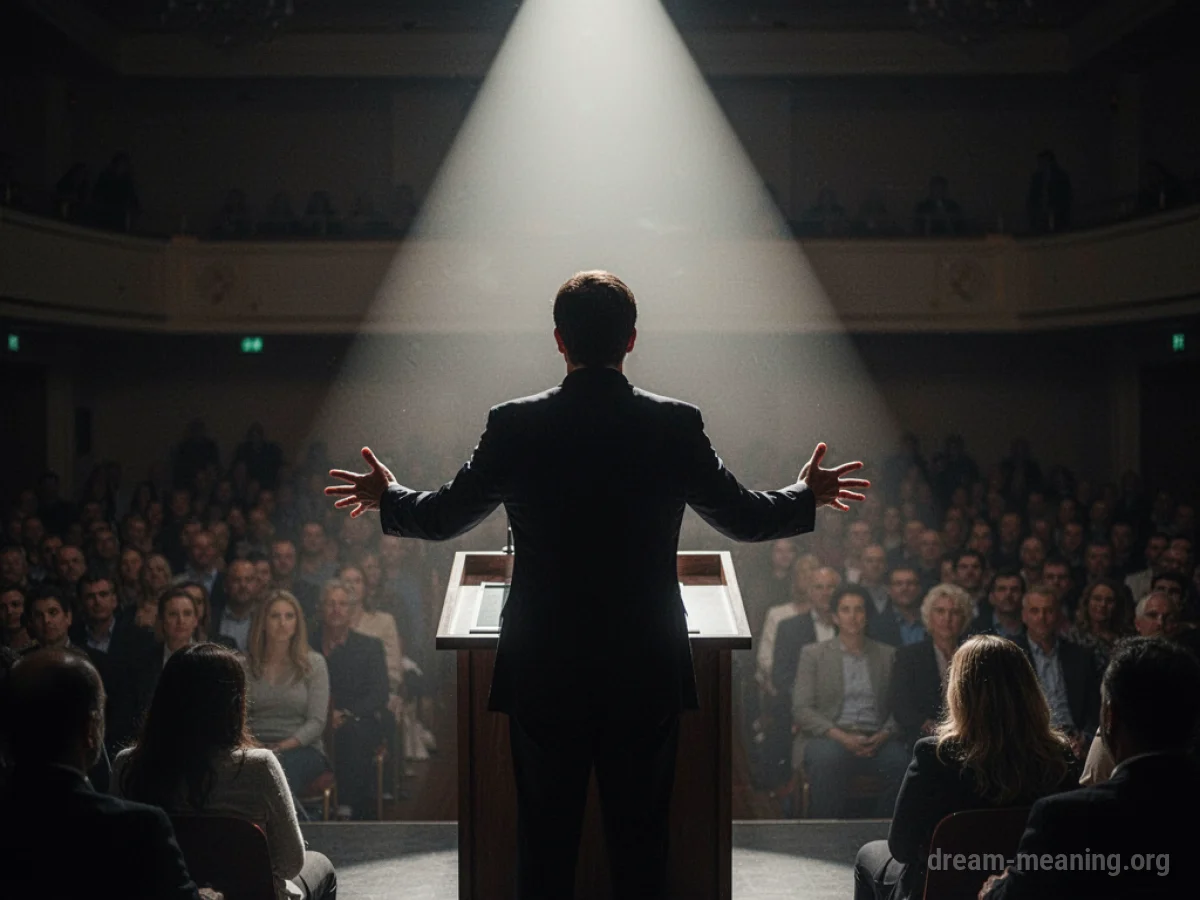 Silhouette of a person speaking at a podium.