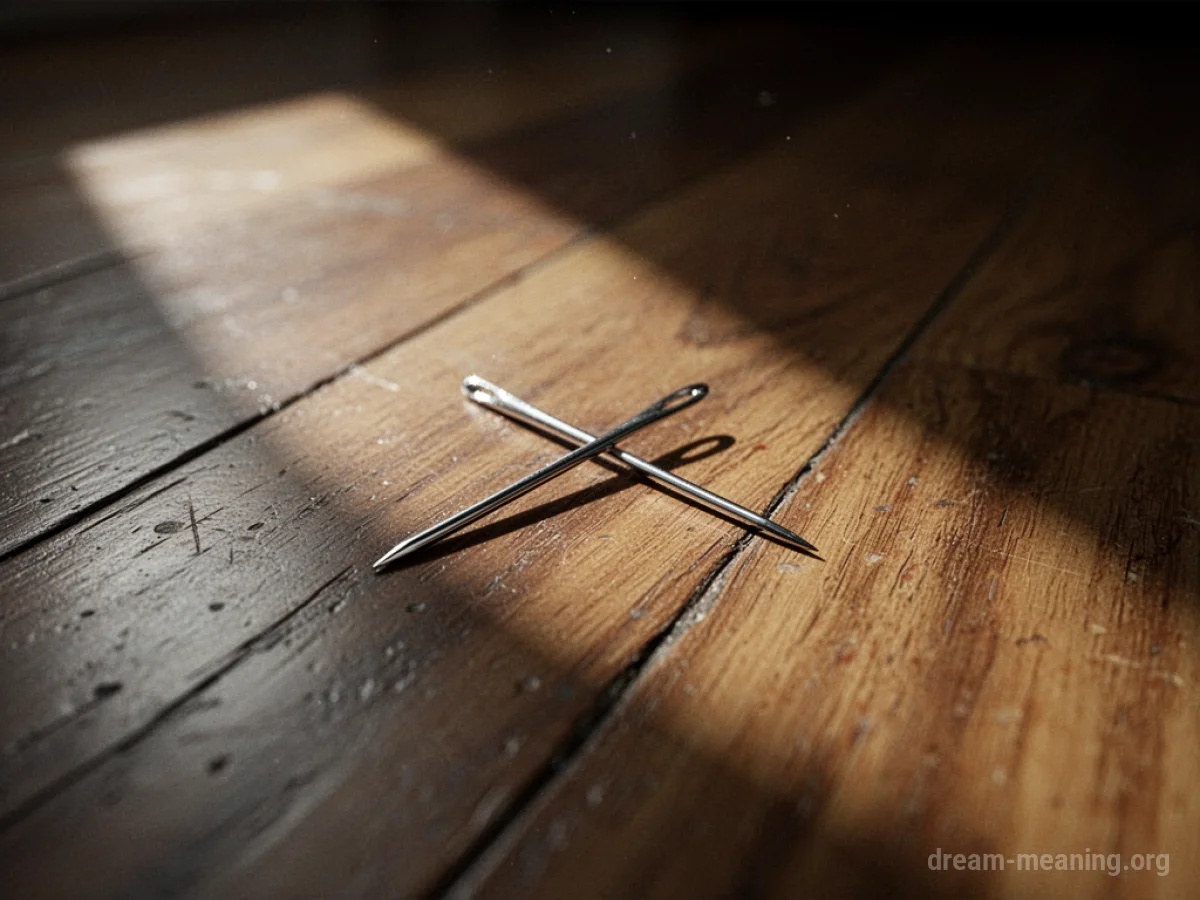 A sewing needle on a wooden floor.