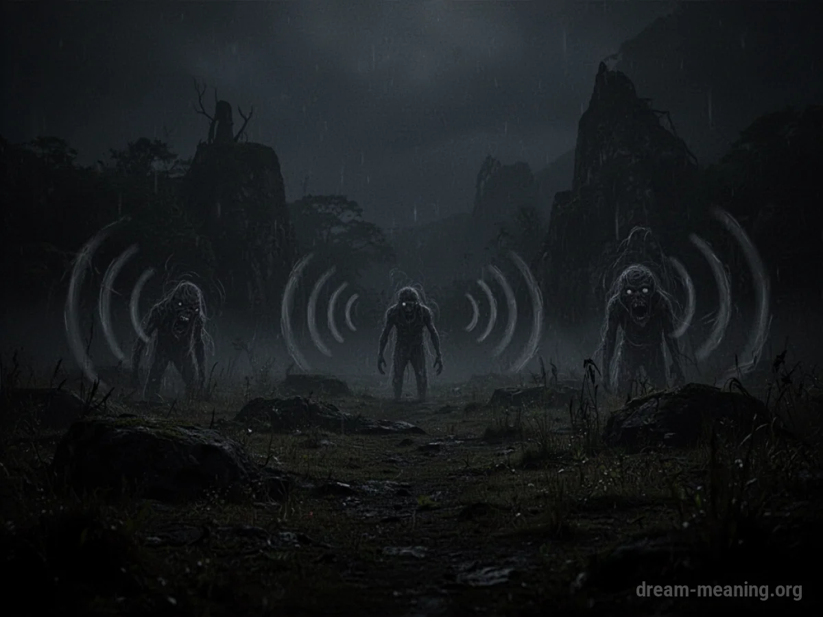 A dark landscape with faint, abstract shapes representing sounds emerging from shadows.