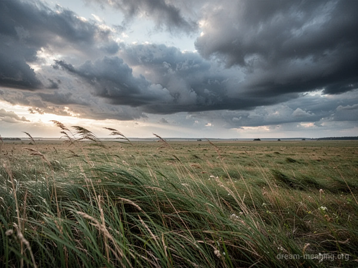 Tall grass bending low in a strong wind under a sky filled with moving clouds.