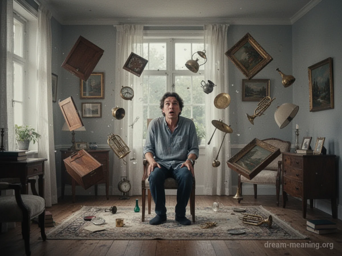 A room with normal furniture where objects begin to float and warp.