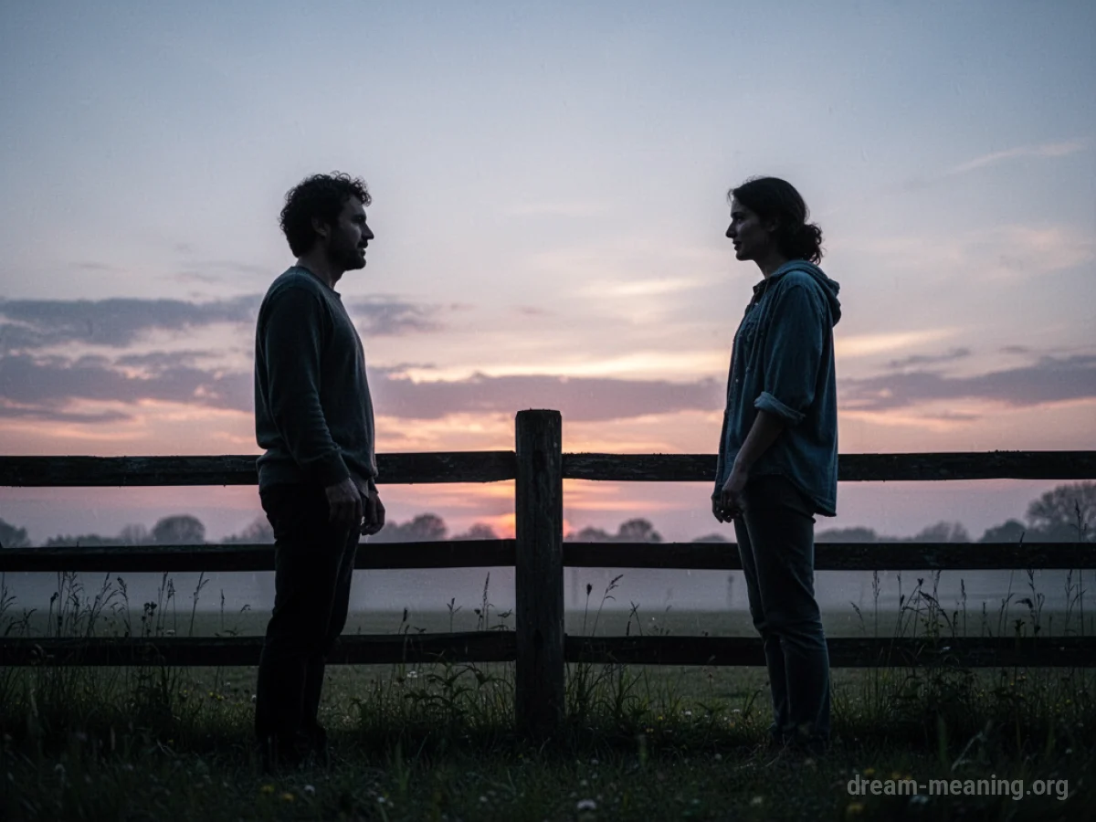 Two silhouetted figures conversing over a garden fence.