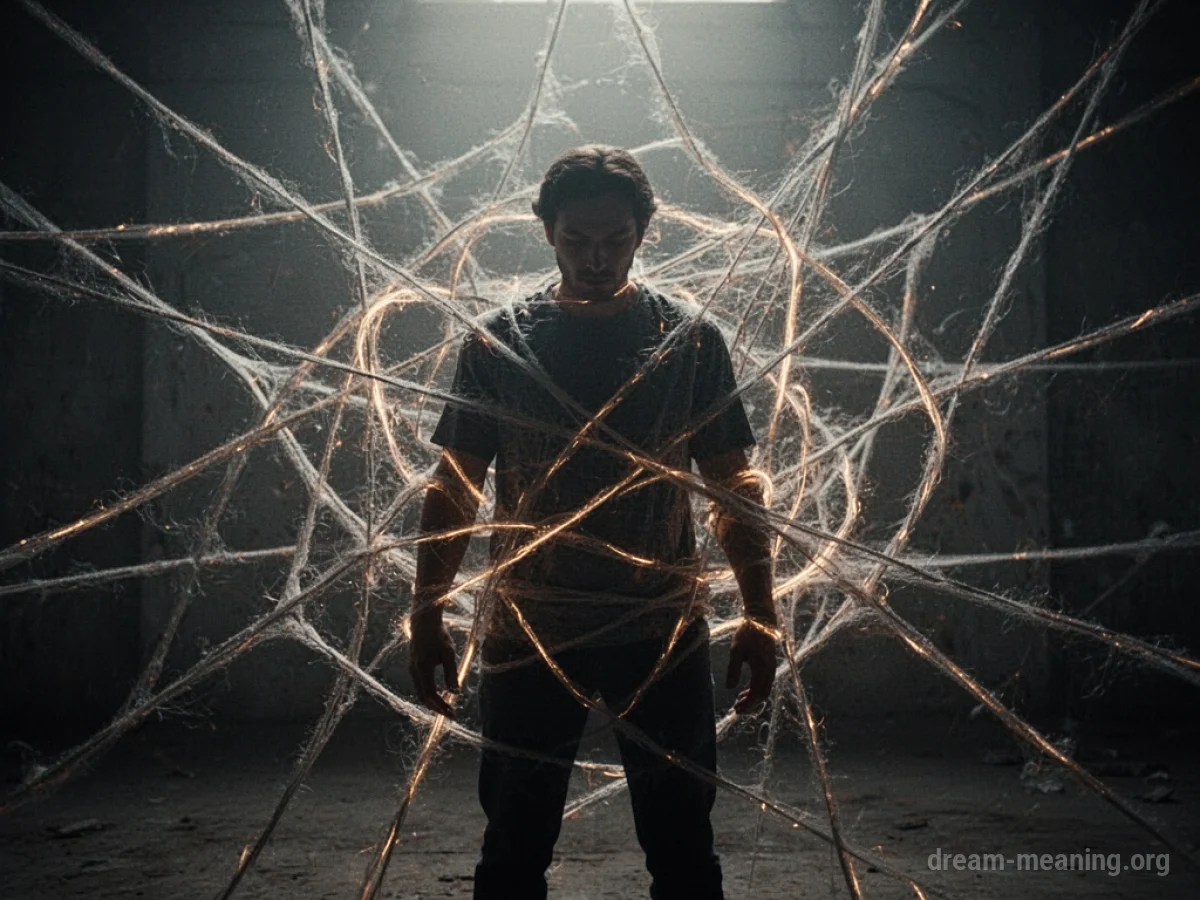 Silhouette of a person caught within a glowing web of lines.