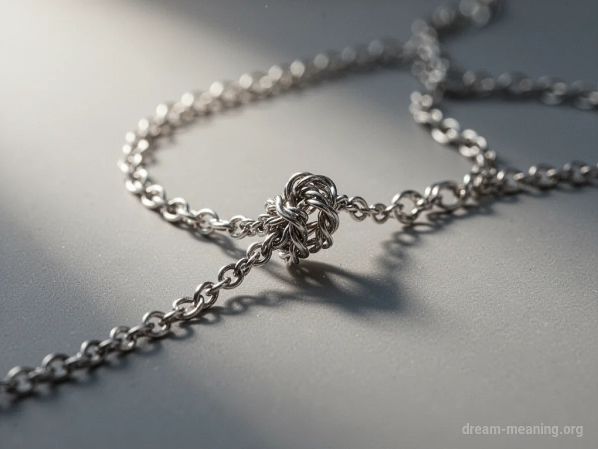 A silver necklace with its chain tightly knotted.