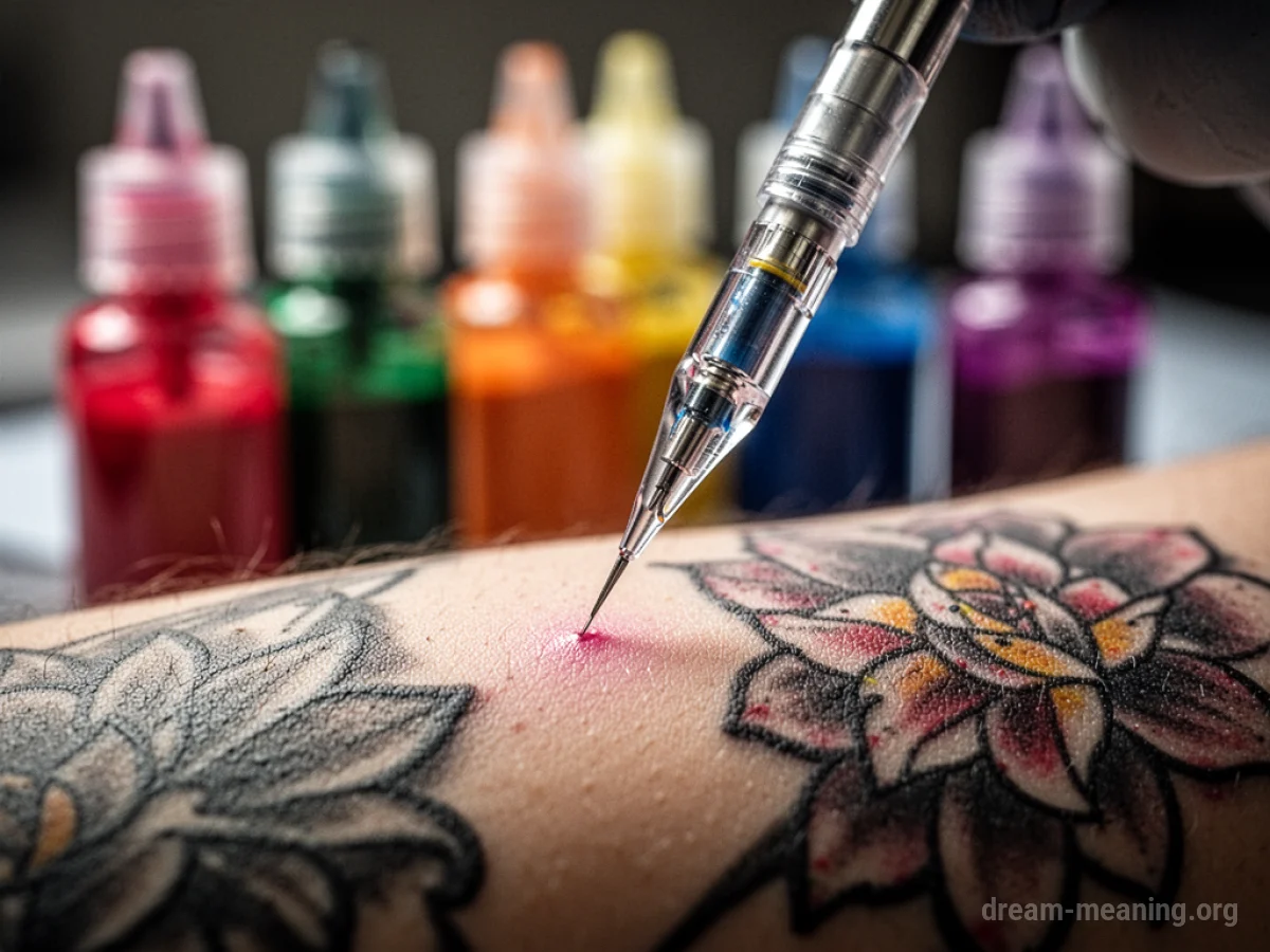 A tattoo needle poised over skin with ink bottles blurred behind it.