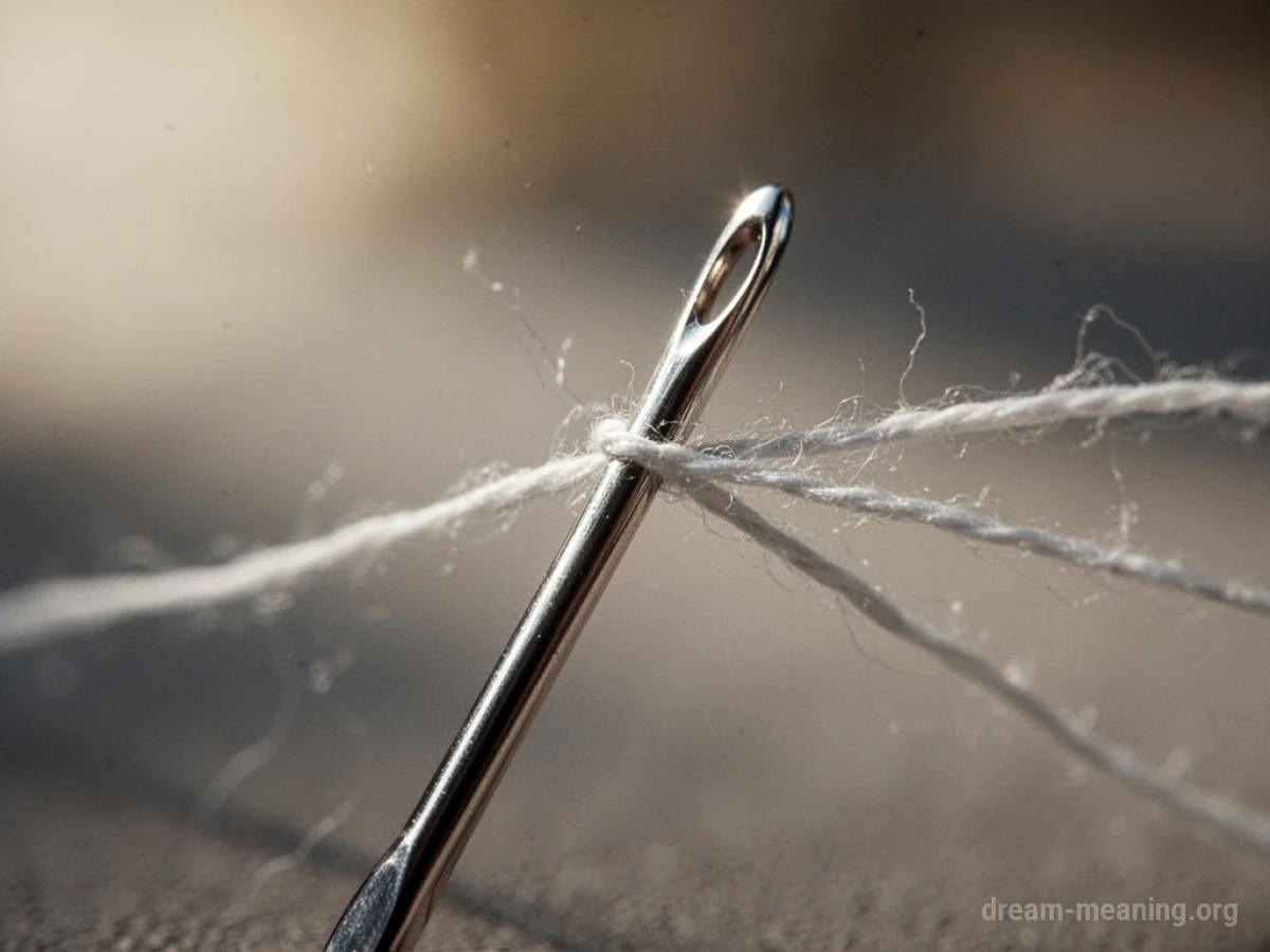 Close-up of a sewing needle's eye with thread being guided through it.