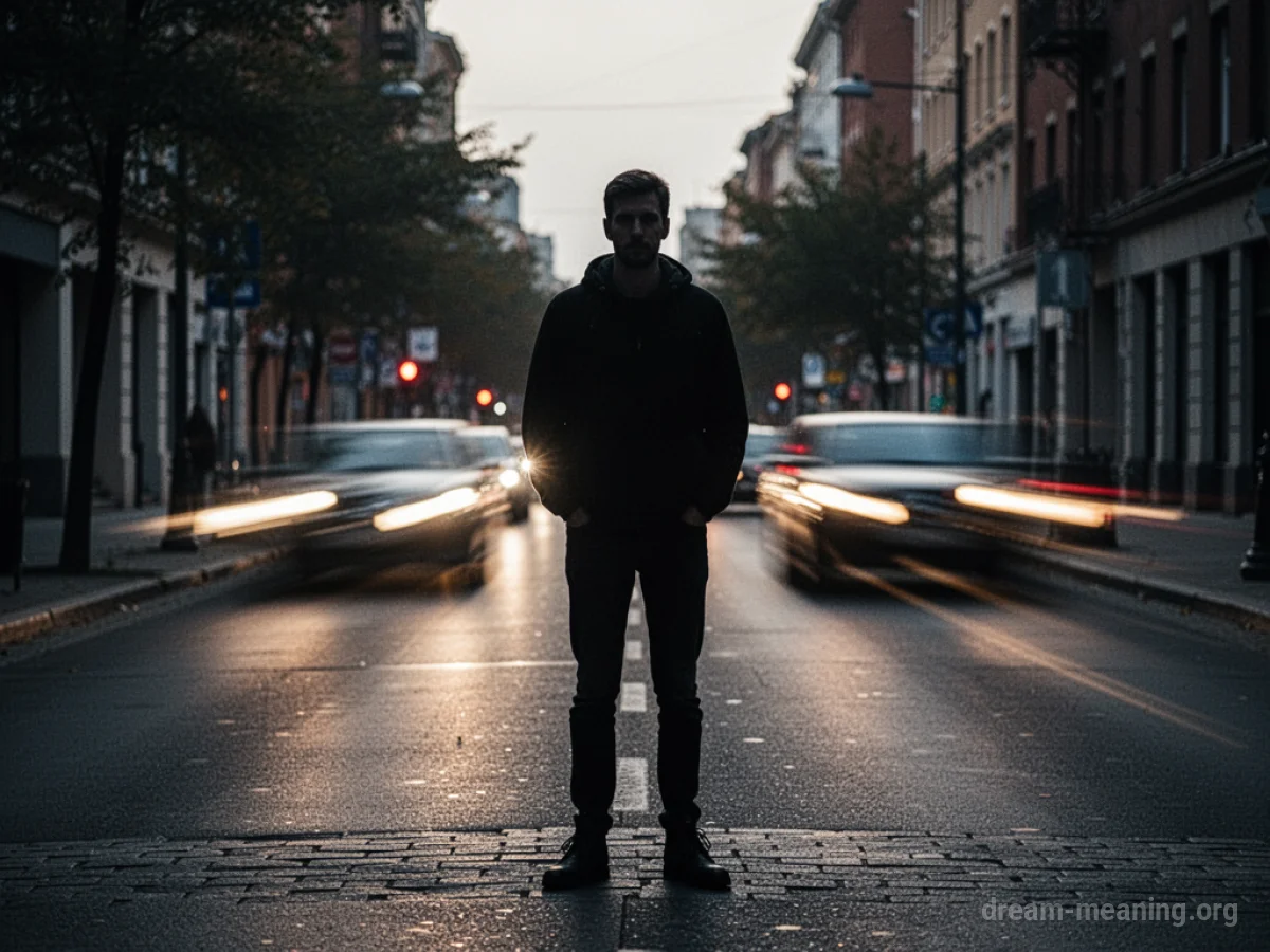Silhouette of a person on a street facing approaching car headlights.