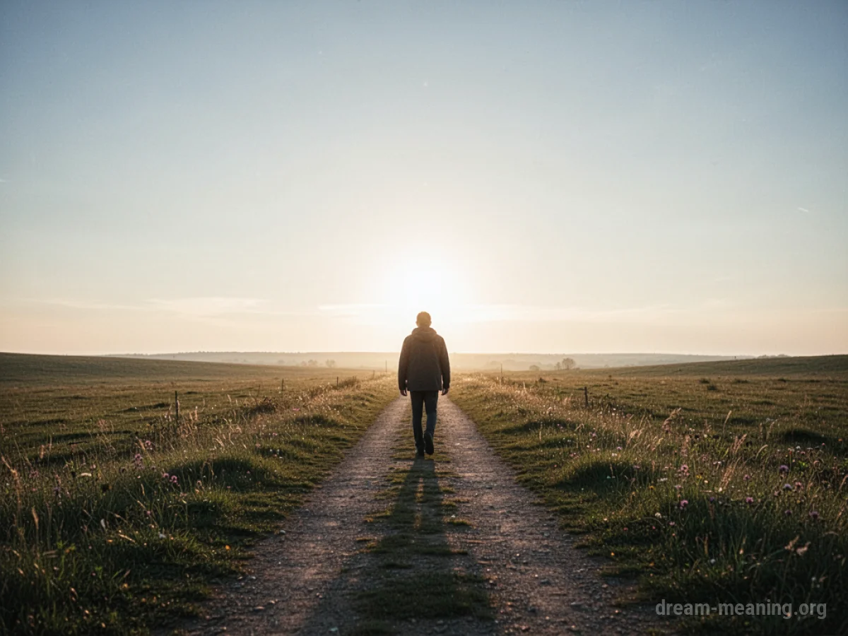 A person walks on a path towards a bright horizon.
