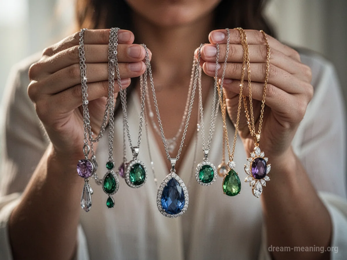 Hands holding multiple necklaces of different designs.