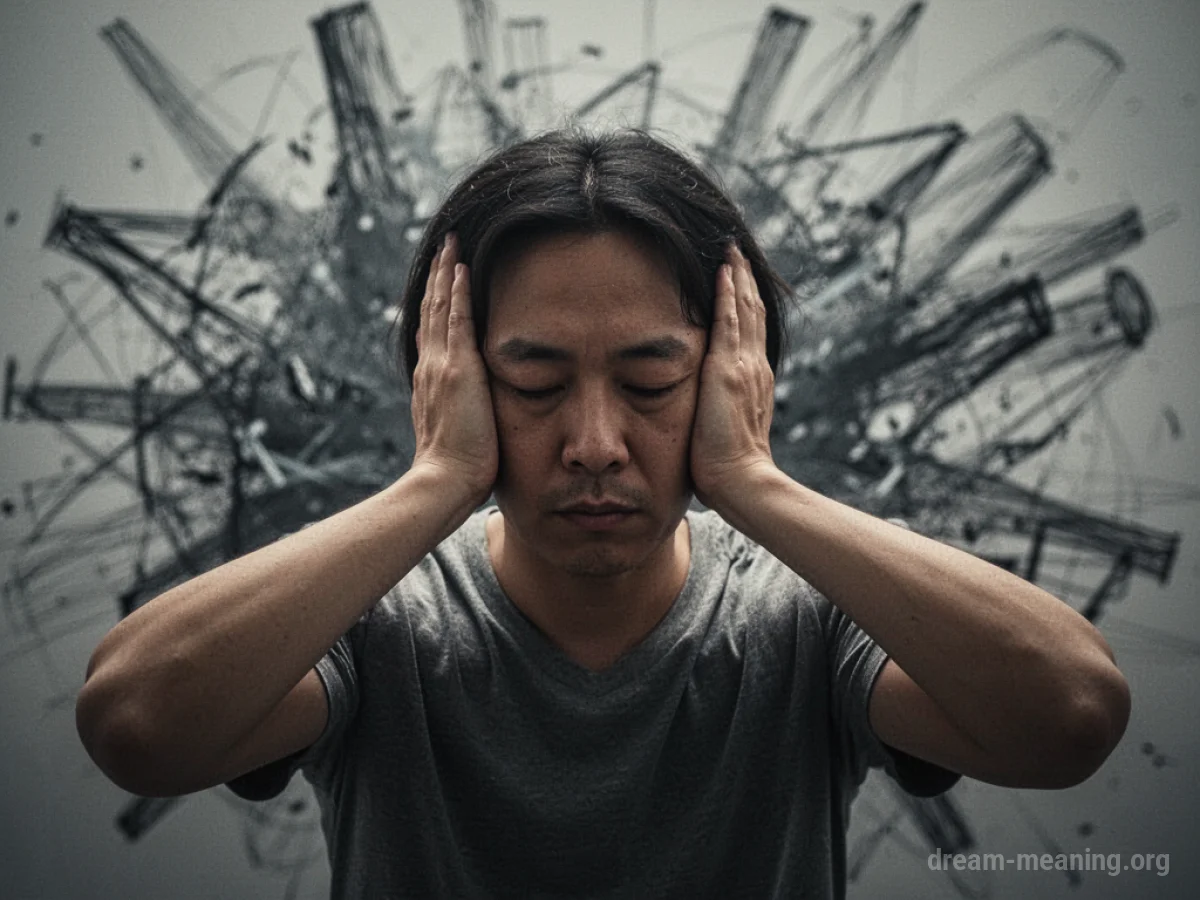 Person covering ears, surrounded by swirling abstract shapes.