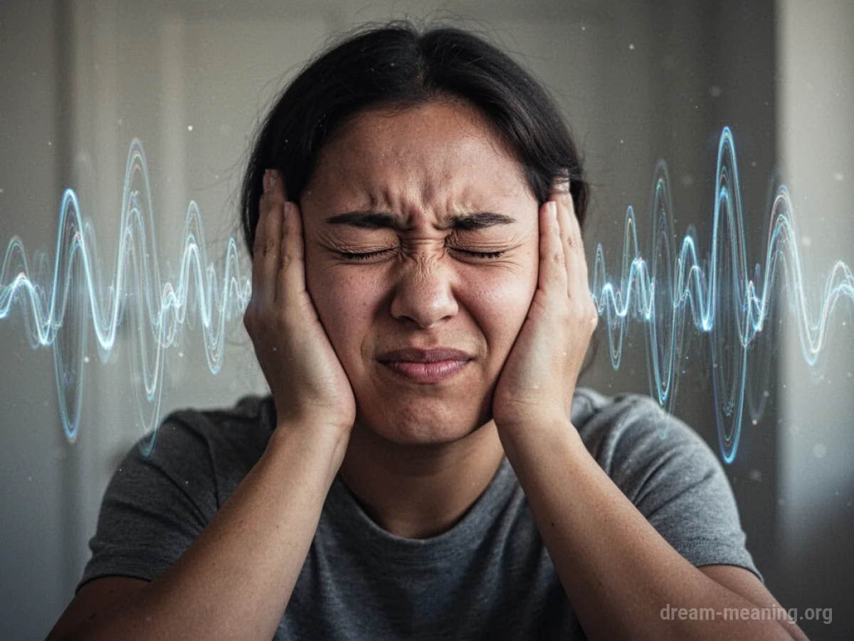 A person covering their ears, eyes closed, with abstract sound waves around them.