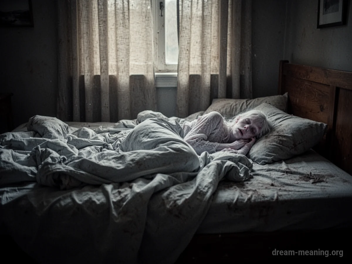 A person lying in a dimly lit bed.