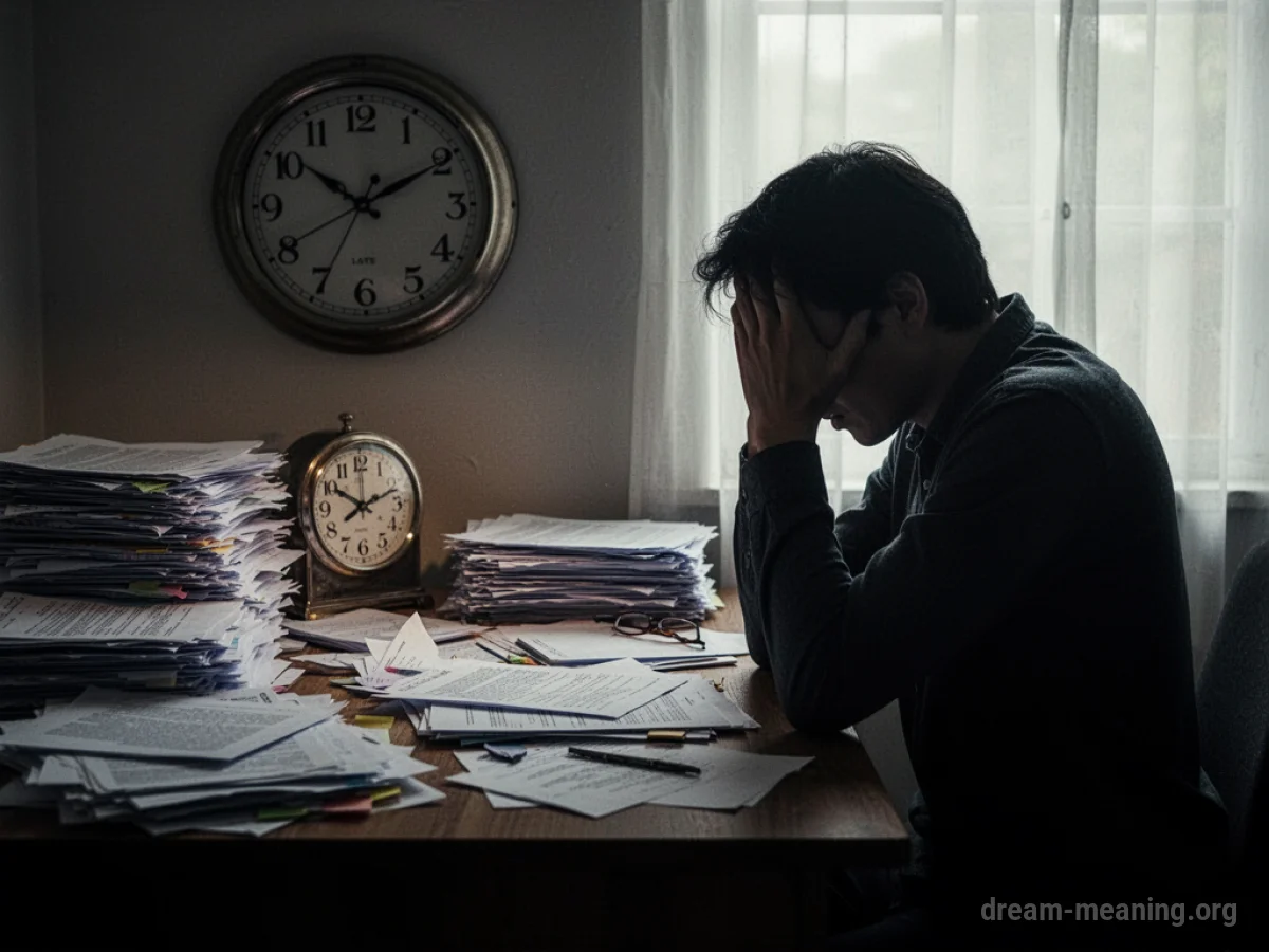 A cluttered desk with scattered papers and a clock.