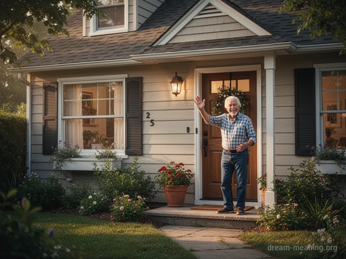 A friendly neighbor standing on a porch, waving hello.