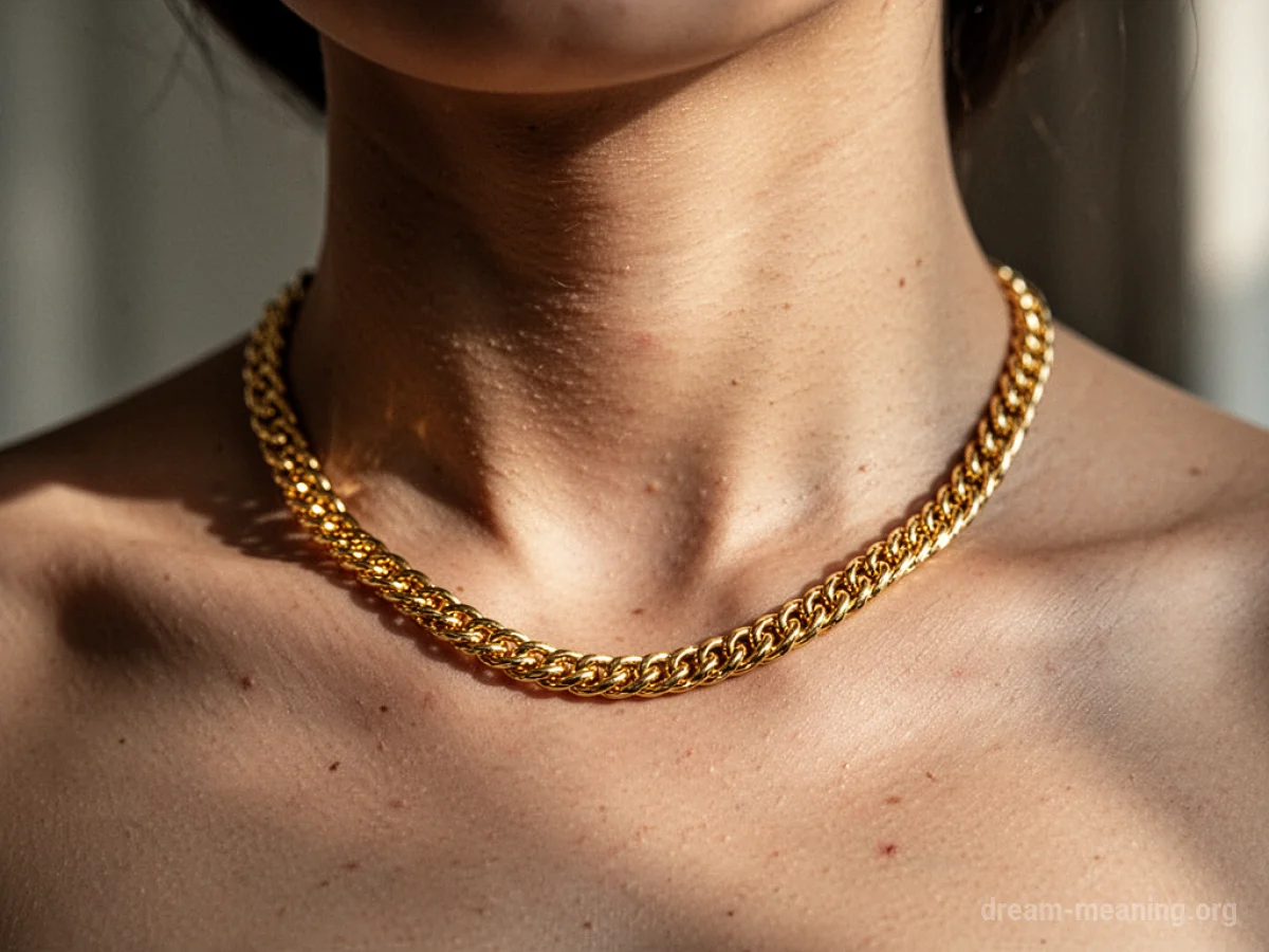 A person wearing a gold necklace around their neck.