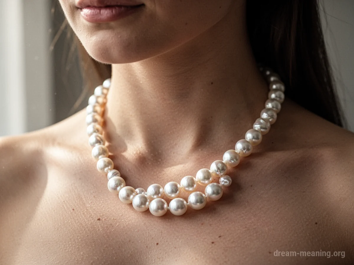 A pearl necklace resting on a person's décolletage.